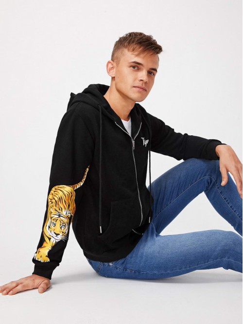 Men Tiger & Letter Print Zipper Up Drawstring Hooded Sweatshirt