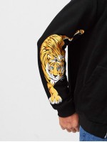 Men Tiger & Letter Print Zipper Up Drawstring Hooded Sweatshirt