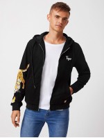 Men Tiger & Letter Print Zipper Up Drawstring Hooded Sweatshirt