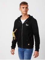 Men Tiger & Letter Print Zipper Up Drawstring Hooded Sweatshirt