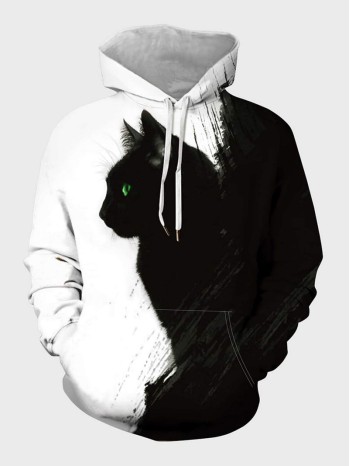 Men Two Tone Cat Print Drawstring Hoodie