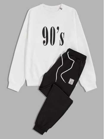 Men Letter Graphic Sweatshirt & Drawstring Sweatpants