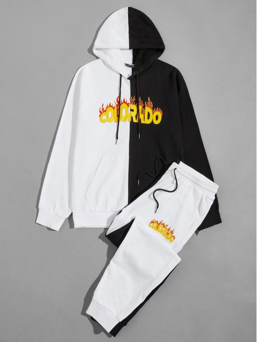 Men Fire & Letter Graphic Colorblock Hoodie And Joggers Set