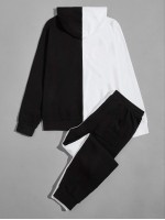 Men Fire & Letter Graphic Colorblock Hoodie And Joggers Set