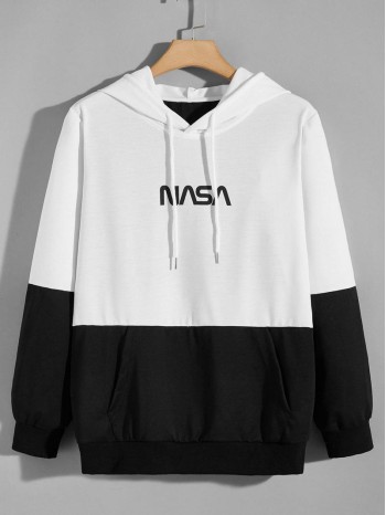 Men Colorblock And Letter Graphic Kangaroo Pocket Hoodie