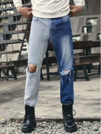 Men Two Tone Distressed Straight Leg Jeans