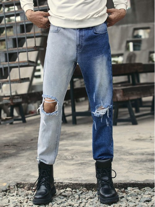 Men Two Tone Distressed Straight Leg Jeans