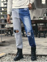 Men Two Tone Distressed Straight Leg Jeans