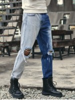 Men Two Tone Distressed Straight Leg Jeans