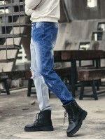 Men Two Tone Distressed Straight Leg Jeans