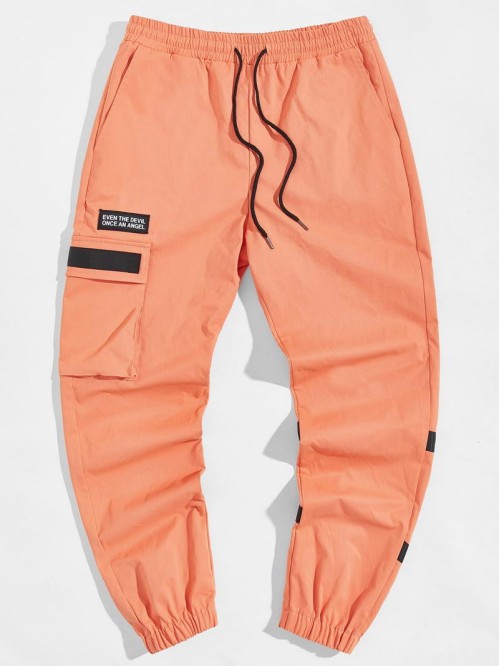 Men Drawstring Waist Slogan Patched Cargo Pants