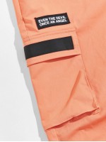 Men Drawstring Waist Slogan Patched Cargo Pants