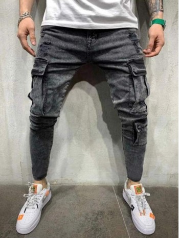 Men Ripped Flap Pockets Cargo Jeans