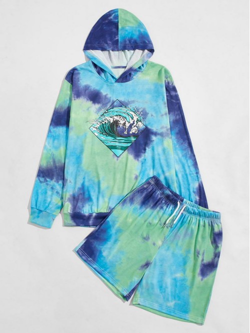 Men Tie Dye Hokusai Kanagawa Tidal Wave Tsunami Hoodie & Drawstring Track Shorts