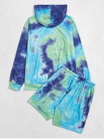 Men Tie Dye Hokusai Kanagawa Tidal Wave Tsunami Hoodie & Drawstring Track Shorts