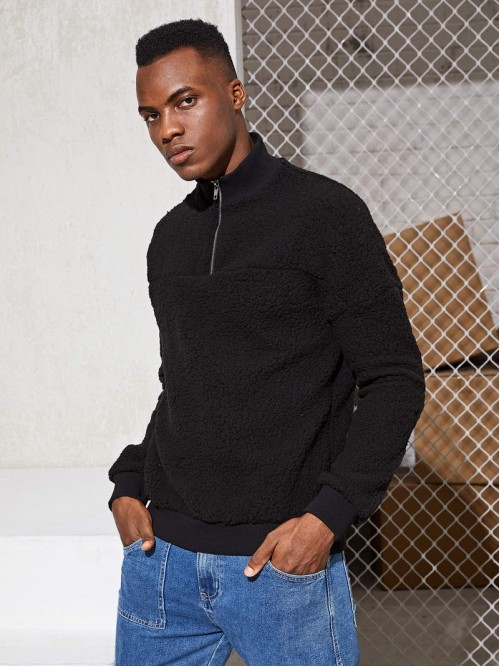 Men Zip Half Placket Teddy Sweatshirt