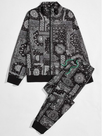 Men Scarf Print Zip Up Jacket & Drawstring Waist Sweatpants Set