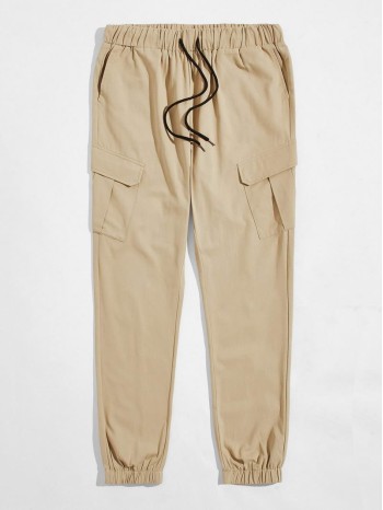 Men Drawstring Waist Flap Pocket Pants