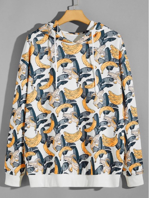 Men Banana & Tropical Print Drop Shoulder Hoodie