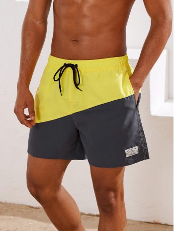 Men Two Tone Drawstring Waist Swim Trunks