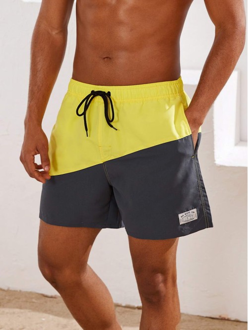 Men Two Tone Drawstring Waist Swim Trunks