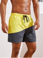 Men Two Tone Drawstring Waist Swim Trunks