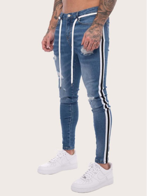 Men Side Stripe Belted Jeans