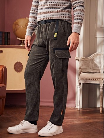 Men Flap Pocket Tape Corduroy Cargo Pants