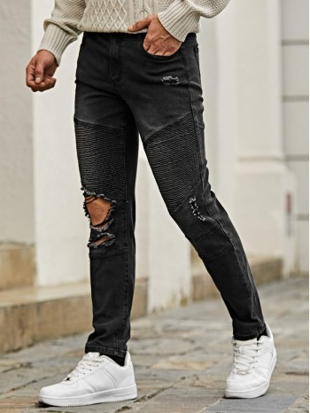 Men Ribbed Knee Ripped Jeans