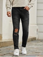 Men Ribbed Knee Ripped Jeans