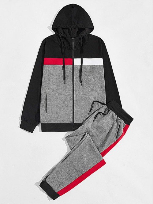 Men Contrast Panel Zip Up Hoodie & Sweatpants