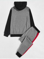 Men Contrast Panel Zip Up Hoodie & Sweatpants