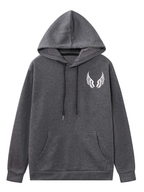 Men Wings Print Kangaroo Pocket Drawstring Hoodie