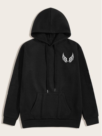 Men Wings Print Kangaroo Pocket Drawstring Hoodie