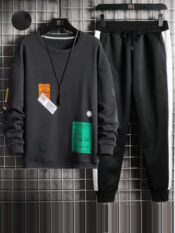 Men Letter Graphic Sweatshirt & Contrast Panel Sweatpants Set