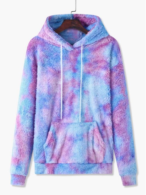 Men Tie Dye Kangaroo Pocket Drawstring Teddy Hoodie