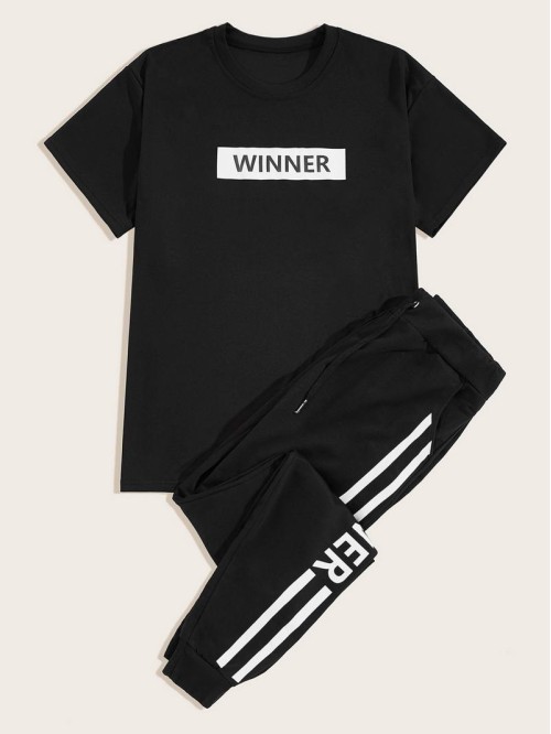 Men Letter Graphic Tee & Drawstring Sweatpants