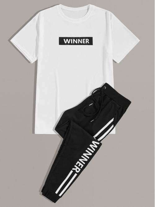 Men Letter Graphic Tee & Drawstring Sweatpants