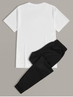 Men Letter Graphic Tee & Drawstring Sweatpants