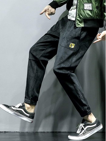 Men Patched Slant Pocket Corduroy Pants