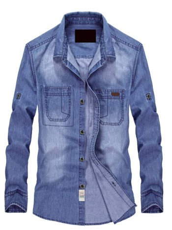 Men Dual Pocket Roll Up Sleeve Denim Shirt