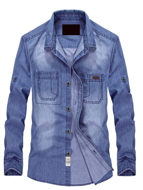 Men Dual Pocket Roll Up Sleeve Denim Shirt