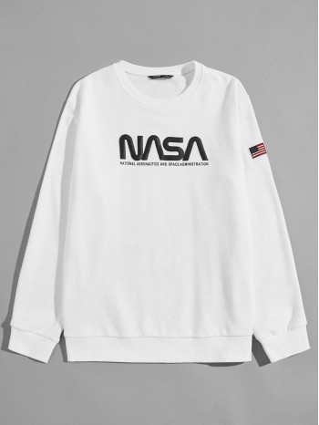 Men Slogan Graphic Flag Patched Pullover