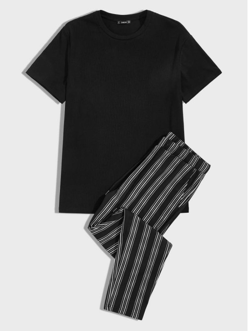 Men Solid Top & Striped Pants Set