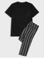 Men Solid Top & Striped Pants Set