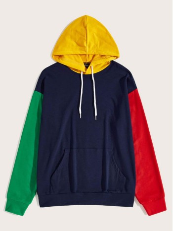 Men Color Block Kangaroo Pocket Drawstring Hoodie