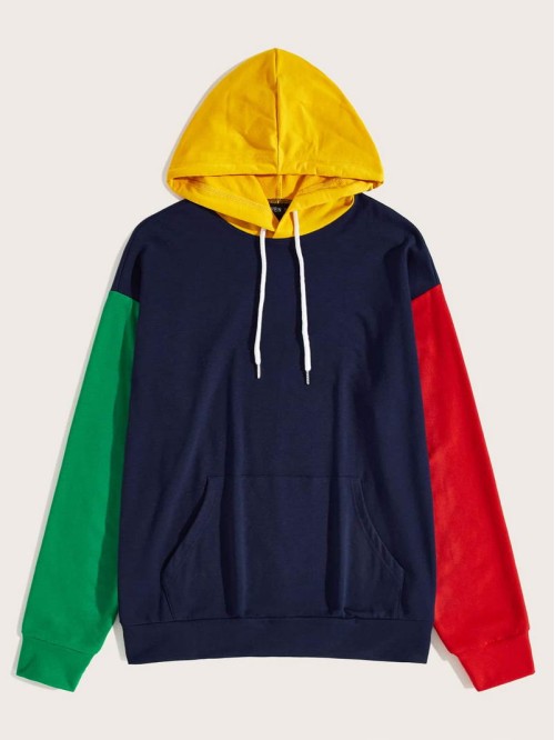 Men Color Block Kangaroo Pocket Drawstring Hoodie