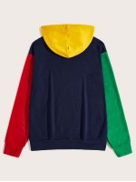 Men Color Block Kangaroo Pocket Drawstring Hoodie