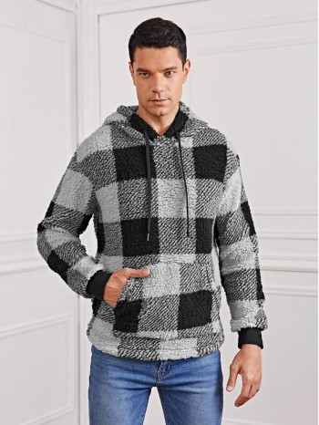 Men Buffalo Plaid Teddy Drawstring Hoodie