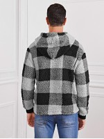 Men Buffalo Plaid Teddy Drawstring Hoodie